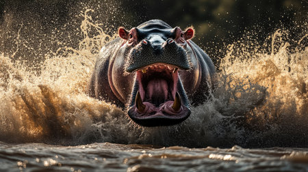A dramatic shot of a hippo charging through water with its mouth wide open, splashing furiously as it moves toward the camera.の素材