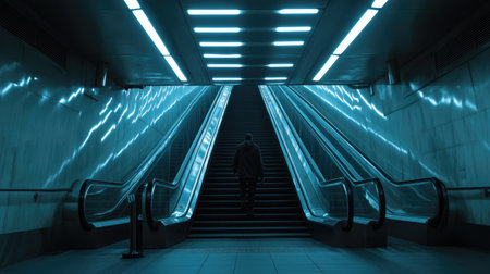 A lone man riding down an escalator at night in an empty subway station, with the reflective lights creating a calm, almost cinematic mood.の素材