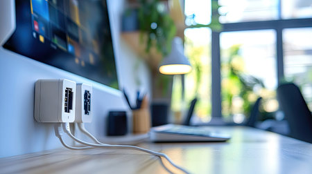 A dual electrical plug adapter connected to a wall socket, powering two devices simultaneously in a busy office space.の素材