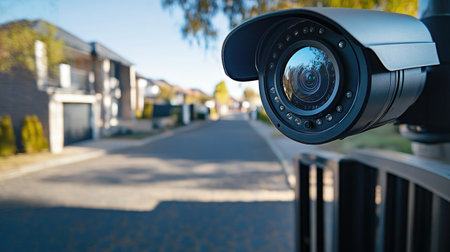 A modern bullet-style CCTV camera fixed above the gate of a residential property, scanning the driveway, with a clear view of the street beyond.の素材