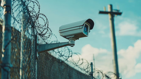 A large outdoor surveillance camera attached to a metal pole, monitoring the perimeter of an industrial facility with barbed wire fences.の素材