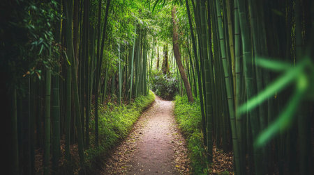 A narrow path cutting through a lush bamboo forest, with the tall, green stalks creating a calming and isolated space, perfect for a nature retreat.の素材