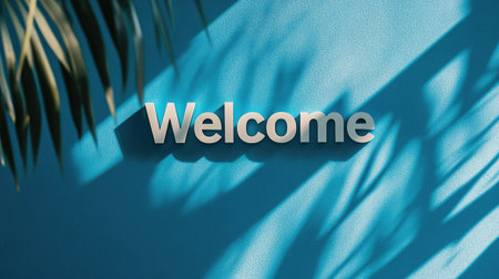 A minimalist "Welcome" sign in clean, sans-serif font, placed on a bright blue background, perfect for professional or business use.の素材