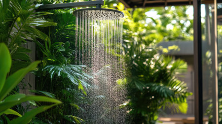 A modern rainfall shower head spraying water in a tropical-themed outdoor shower, with lush greenery in the background.の素材