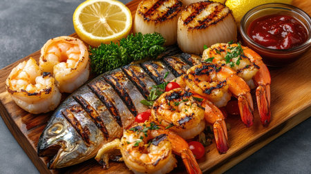 A seafood platter featuring grilled mackerel alongside shrimp, scallops, and grilled vegetables, served with a lemon wedge and dipping sauce.の素材