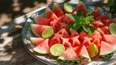 A plate of watermelon slices arranged in a star pattern, with lime wedges and mint leaves for garnish, on a sunny outdoor dining table.の素材