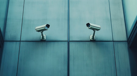 A pair of modern security cameras positioned on a commercial building facade, pointing in opposite directions to cover the entire perimeter.の素材