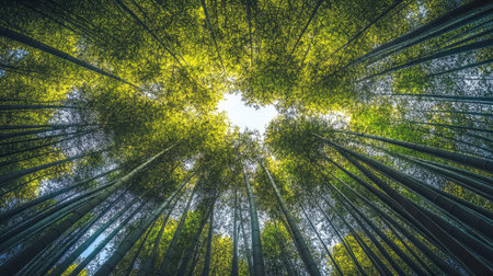 A panoramic view of a dense bamboo forest, with the stalks packed closely together and the leafy canopy filtering the sunlight overhead.の素材