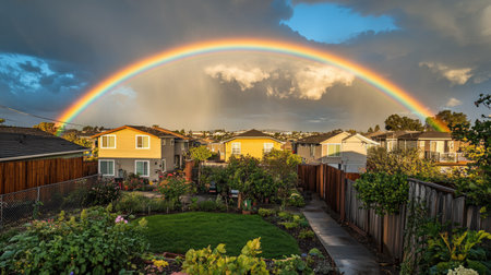 A rainbow framing a suburban neighborhood, with colorful houses and gardens glowing under the vibrant sky after a fresh rain.の素材