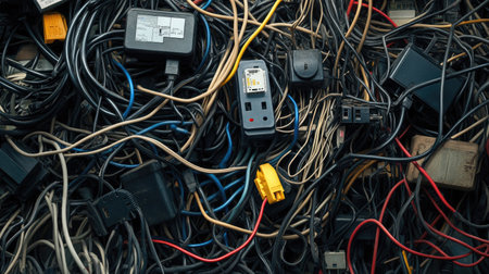A tangled mess of electrical cords and plugs, emphasizing the need for organization and clean power management.の素材