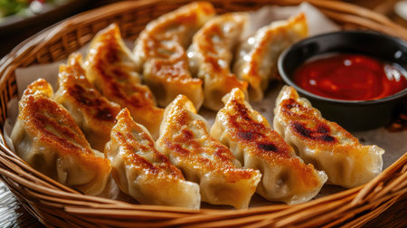 A basket of fried gyoza fresh out of the fryer, with crispy edges and a golden sheen, ready to be served with sauces on the side.の素材