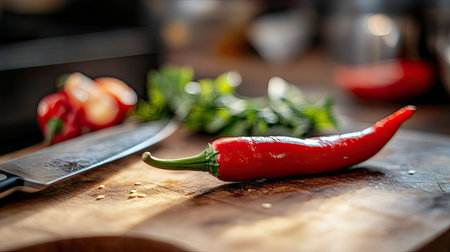 A single red chili pepper resting on a cutting board, ready to be sliced, with a knife and other cooking ingredients visible in the background.の素材