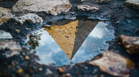 The Great Pyramid reflected in a small puddle after a rare rain, capturing the contrast between water and the ancient stone.の素材
