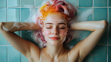 Young woman with vibrant colored hair washing it in a trendy bathroom, colorful shampoo suds adding to the fun and creative vibe.の素材