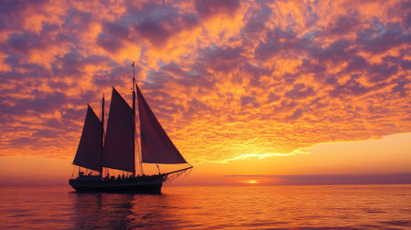 A beautiful sunset view of a classic sailing boat, silhouetted against the orange and pink hues of the sky, with its sails down.の素材
