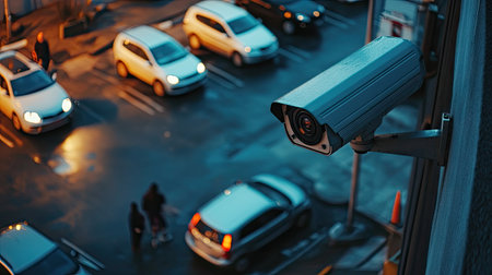 Outdoor CCTV camera on a commercial building overlooking a busy parking lot, with cars and people moving in and out of the frame.の素材