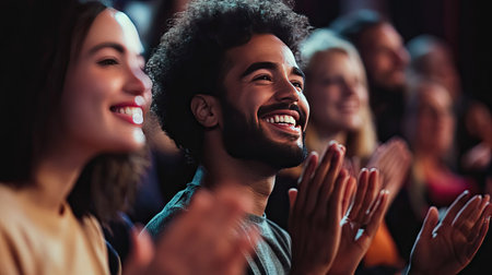 Close-up of a man and woman clapping in an audience, focused on their happy expressions, with other people around them celebrating too.の素材