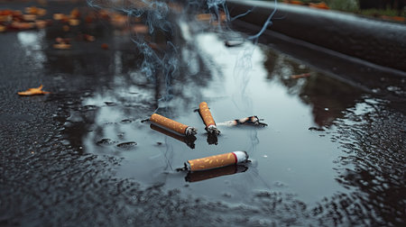 Cigarette butts submerged in water, floating in a puddle on the pavement, a few still partially burning with smoke trailing up.の素材