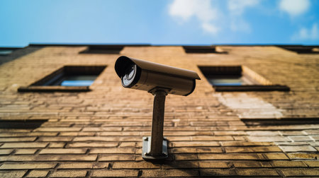 Close-up of a security camera on the exterior of a brick building, angled downwards to monitor the entrance, with clear skies in the background.の素材