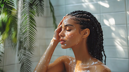 A stunning woman with braided hair washing it in a stylish bathroom, focusing on cleaning and caring for her delicate braids.の素材