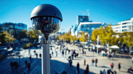 Outdoor CCTV camera on a tall pole overlooking a public square, with people walking around and urban buildings in the background.の素材