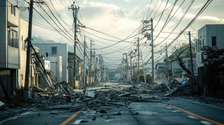A street filled with fallen power lines, rubble, and cracked sidewalks after a massive earthquake shakes an urban area.の素材