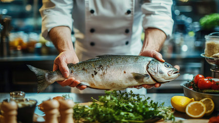 A chef holding a whole fresh fish, preparing to cook it in a professional kitchen, surrounded by ingredients.の素材