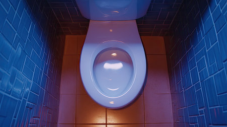 A top-down view of a spotless ceramic toilet bowl, with the clean, glossy surface reflecting the light in a modern, tiled bathroom.の素材