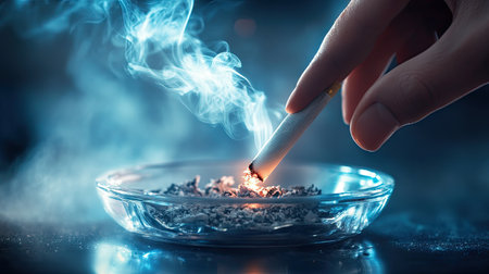 Hand reaching to extinguish a lit cigarette in an ashtray, with smoke rising and the glowing tip just about to be crushed.の素材