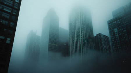 A city skyline partially obscured by fog, with towering buildings emerging from the mist, capturing an urban mystique.の素材