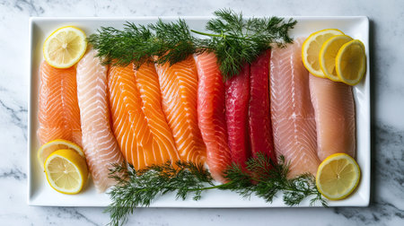 A colorful assortment of fresh fish fillets, arranged neatly on a white plate with sprigs of dill and lemon slices.の素材