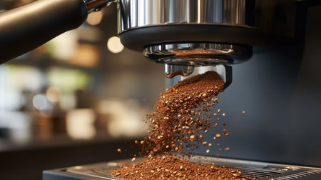 A close-up of a sleek coffee grinder with freshly ground coffee spilling from the chute into a portafilter, ready for brewing.の素材