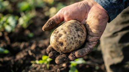 A close-up of a hand holding a large, freshly dug potato from a farm field, with soil visible on its rough surface.の素材