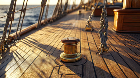 A close-up of the wooden deck of a classic sailing boat, with ropes and polished brass fittings glowing in the sunlight.の素材