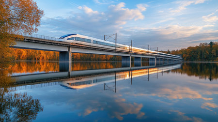 A high-speed passenger train crossing a bridge over a river, reflected in the calm water below as it moves quickly.の素材