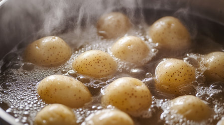 A close-up of baby potatoes boiling in a pot of salted water, with steam rising and bubbles forming on the surface.の素材