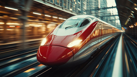 A close-up of a high-speed trains nose as it speeds down the tracks, with sleek curves and reflective surfaces in motion.の素材