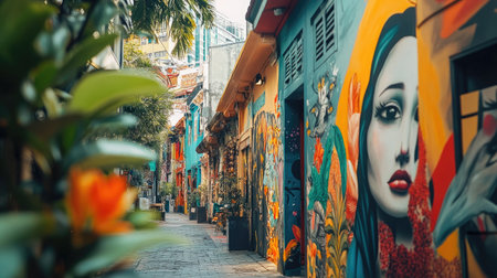 A close-up of Haji Lanes colorful street art, with murals and boutique shops lining the narrow alley.の素材