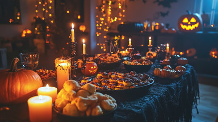 A festive Halloween party setup featuring a table with themed snacks, spooky decorations, and flickering candles creating a haunting ambiance.の素材