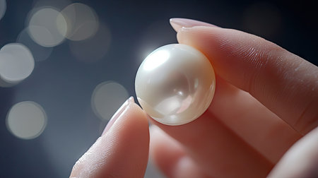 A close-up of a hand holding an exquisite natural pearl, with delicate fingers gently showcasing its smooth, luxurious texture.の素材