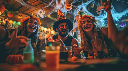A group of friends in fun Halloween costumes enjoying a lively party, surrounded by decorations like cobwebs, ghosts, and skeletons.の素材