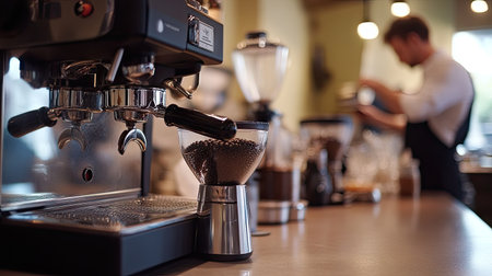 A coffee grinder and portafilter on a cafcounter, with the barista preparing the perfect espresso shot in the background.の素材