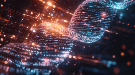 A futuristic digital DNA strand composed of pixels and lights, floating in a virtual environment with data flowing through.の素材