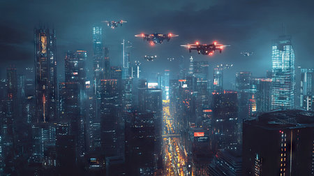 A futuristic cityscape illuminated by digital lights and AI-powered drones flying above, symbolizing smart cities of the future.の素材
