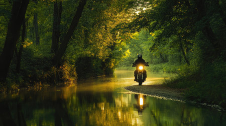 A motorcyclist rides along a forest trail beside a calm river, with trees reflected in the water and the bikes headlights illuminating the path.の素材