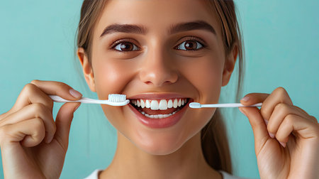 A smiling woman holding a toothbrush in one hand and floss in the other, highlighting dental care essentials for a healthy smile.の素材
