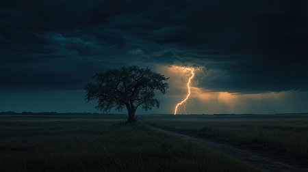 A single lightning bolt illuminating the night sky above a lone tree in an open field, creating a dramatic contrast.の素材