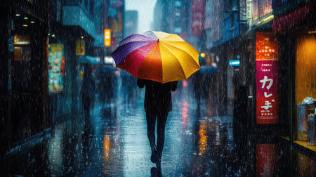A person walking down a rain-soaked street, holding a colorful umbrella, as rain falls heavily around them.の素材