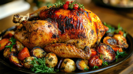 A roasted chicken on a large platter, with crispy skin and caramelized vegetables, ready to be served for a family dinner.の素材