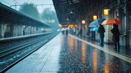A rainy day at the train station, with passengers waiting under umbrellas and raindrops dripping from the platform roof.の素材